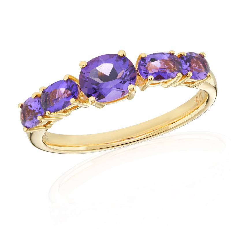 Amethyst Five Stone Ring in 9ct Yellow Gold