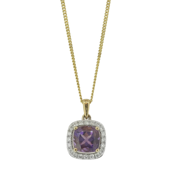 Amethyst and Diamond Cluster Pendant and Chain in 9ct Gold