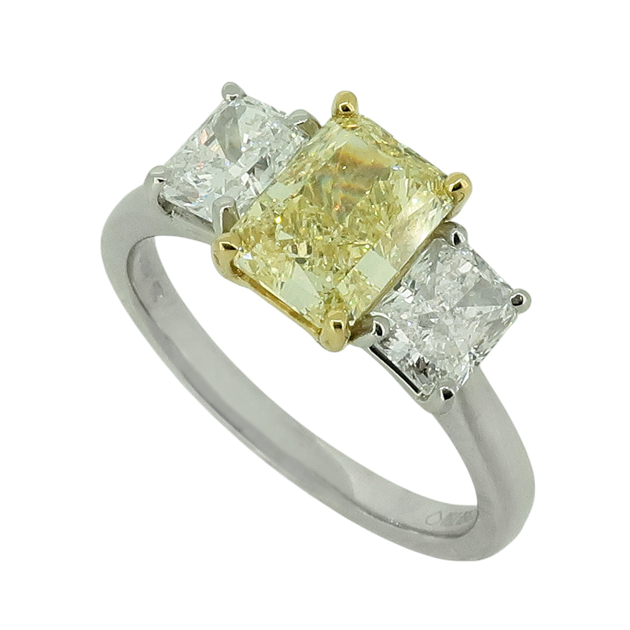 Laboratory Grown Radiant Cut Yellow Diamond Trilogy Ring in Platinum, 2.34ct.