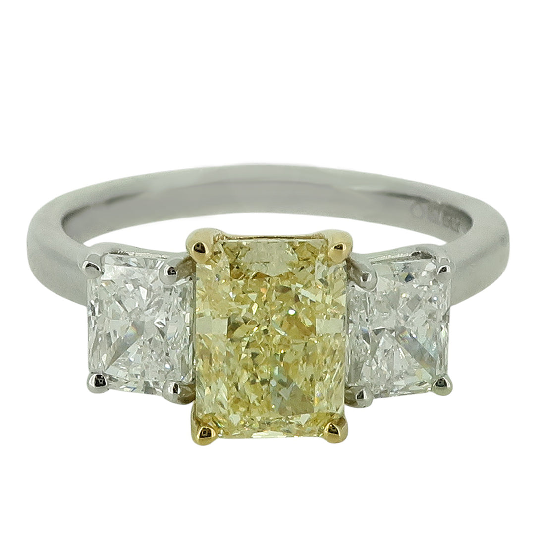 Laboratory Grown Radiant Cut Yellow Diamond Trilogy Ring in Platinum, 2.34ct.