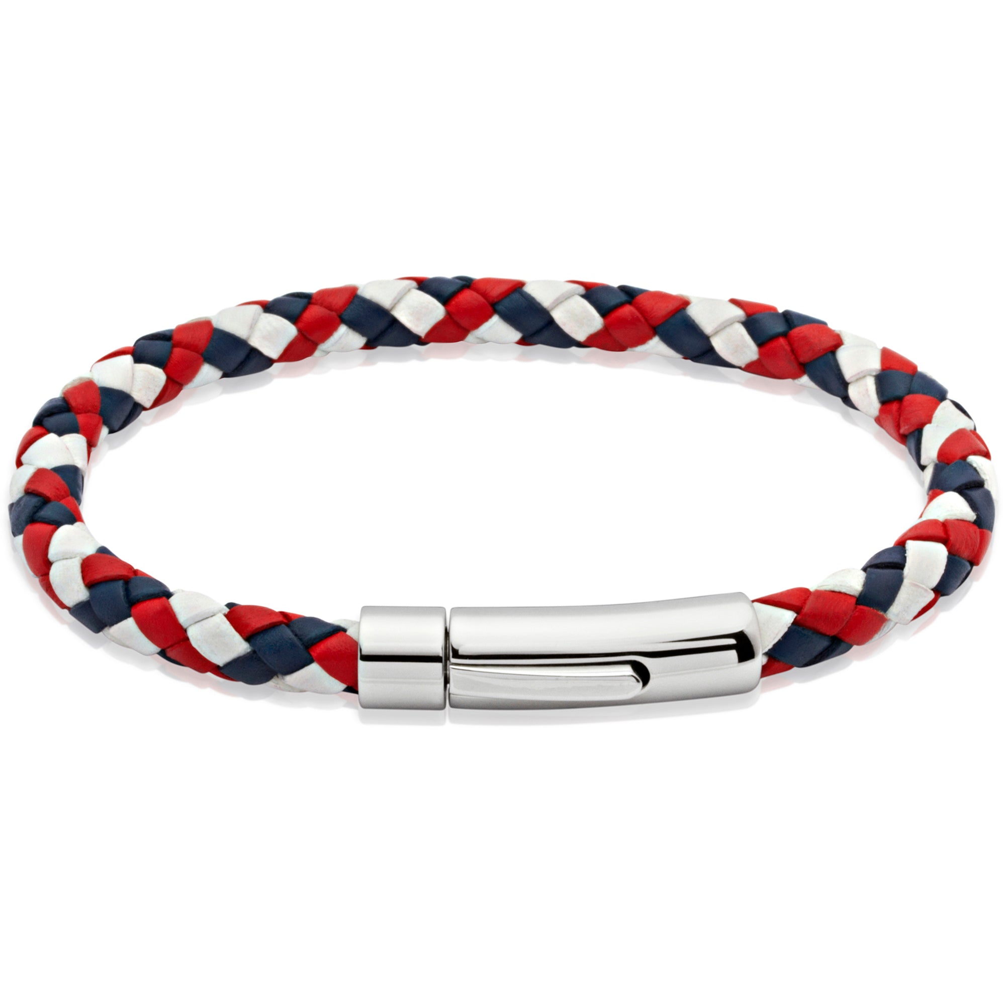 Red, White and Blue Plaited Leather Bracelet in Stainless Steel