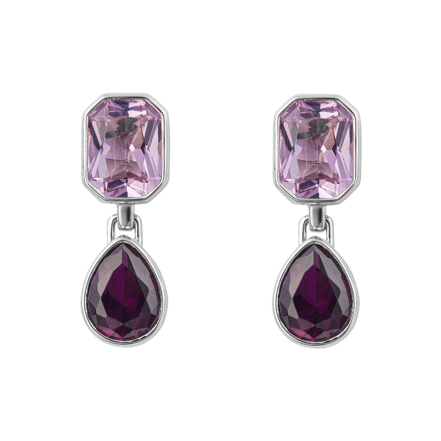 Pink and purple crystal octagon and teardrop earrings in silver.