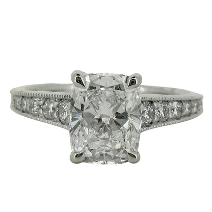 Laboratory Grown Rectangular Cushion Diamond Solitaire Ring with Shoulder Diamonds in Platinum, 1.90ct.