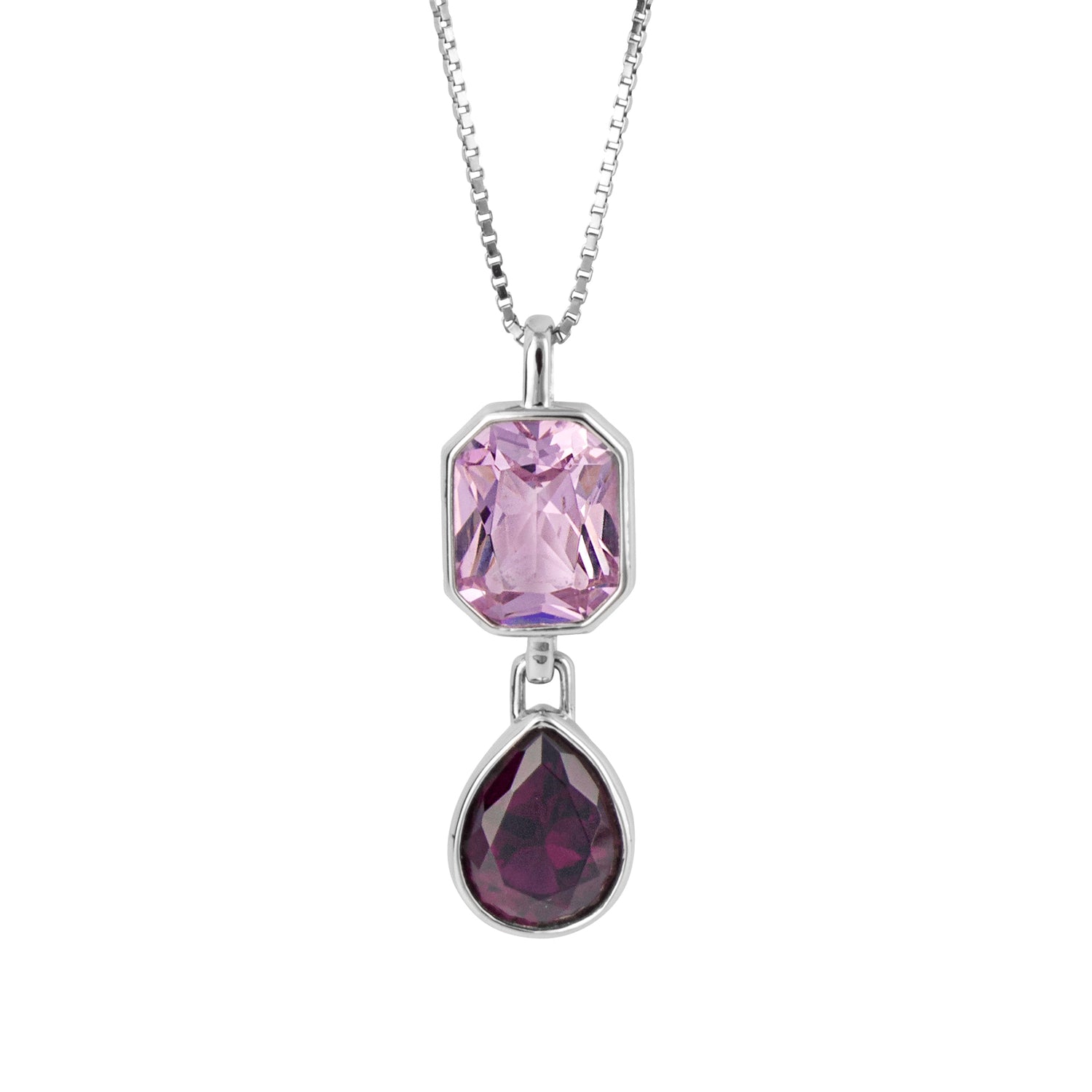 Pink and purple crystal octagon and teardrop shaped pendant and chain in silver.