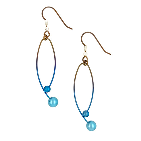 Blue wirework bead drop earrings in titanium.