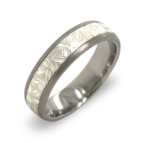 Silver Brush Stroke Inlay Ring in Titanium. 4mm Width.