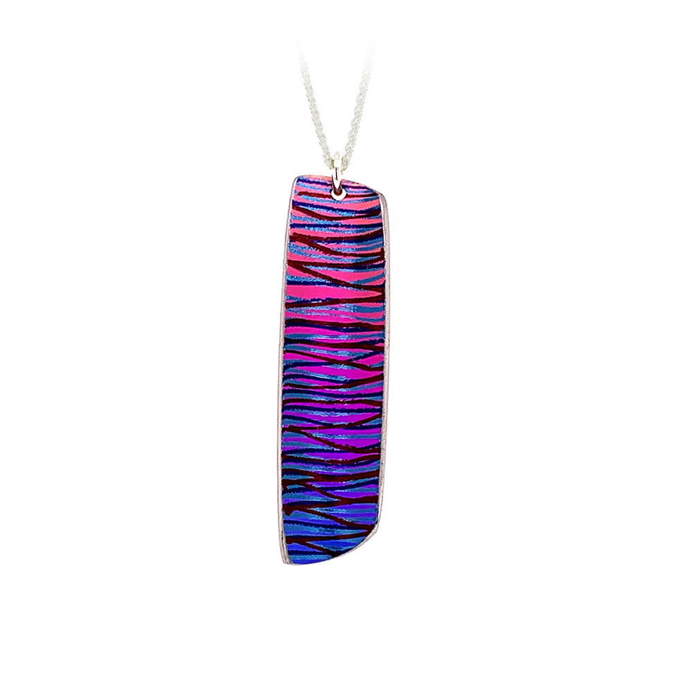 Pink Rectangular Laser Pattern Pendant and Chain in Titanium and Silver