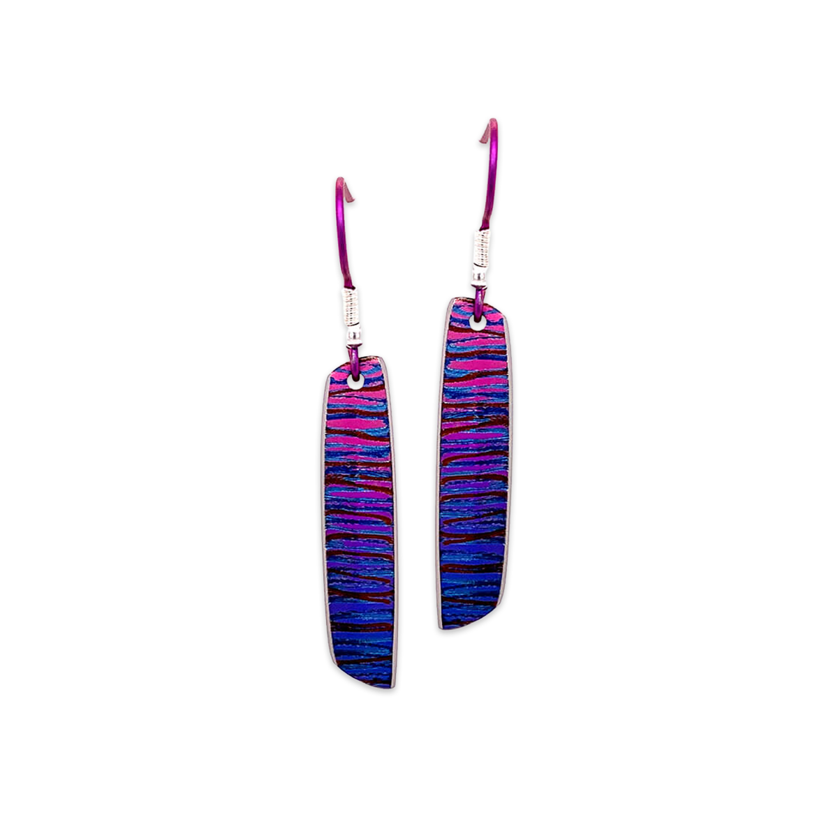 Pink Rectangular Laser Pattern Drop Earrings in Titanium