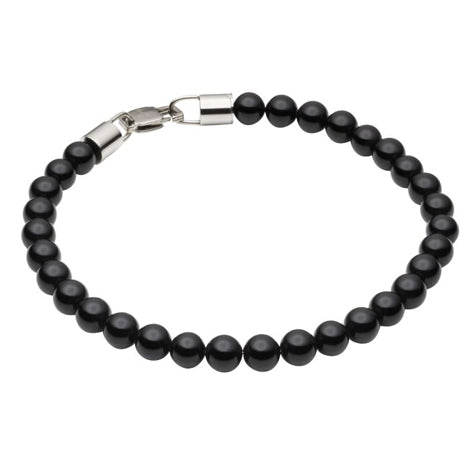 Round Onyx Polished Bead Bracelet in Stainless Steel.