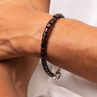 Wood bead bracelet with stainless steel clasp.