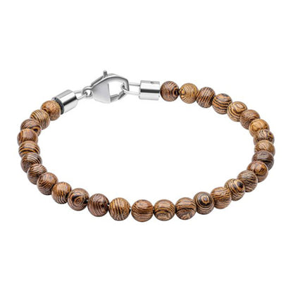 Round Wooden Bead Bracelet With Stainless Steel Clasp.