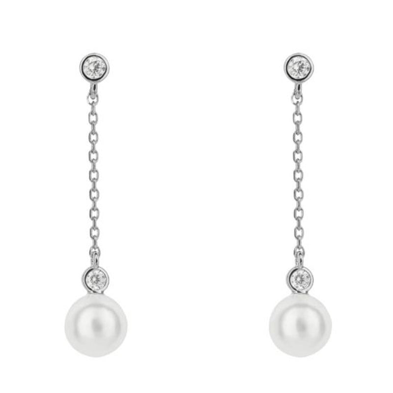 Shell Pearl and Cubic Zirconia Drop Earrings in Silver.