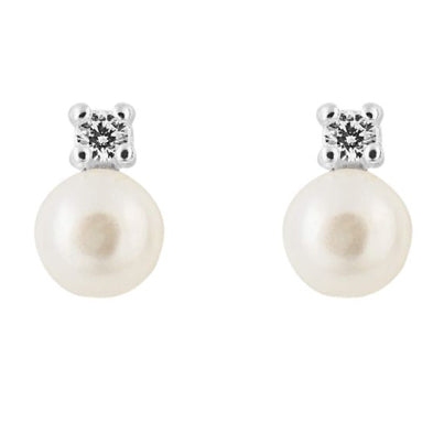 Freshwater pearl and cubic zirconia stud earrings in silver.