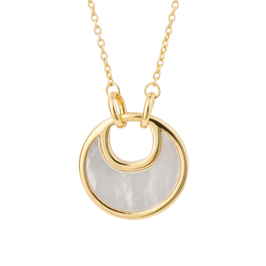 Crescent mother of pearl necklace in silver with gold plating.