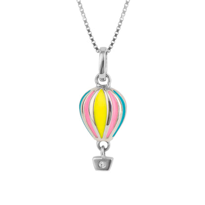 Diamond set enamel hot air balloon and chain in silver.