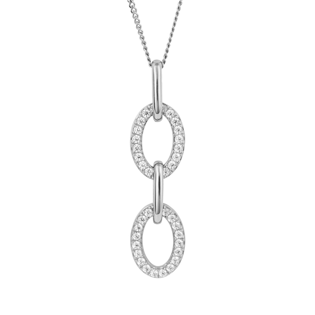 Cubic zirconia oval link drop pendant and chain in silver.