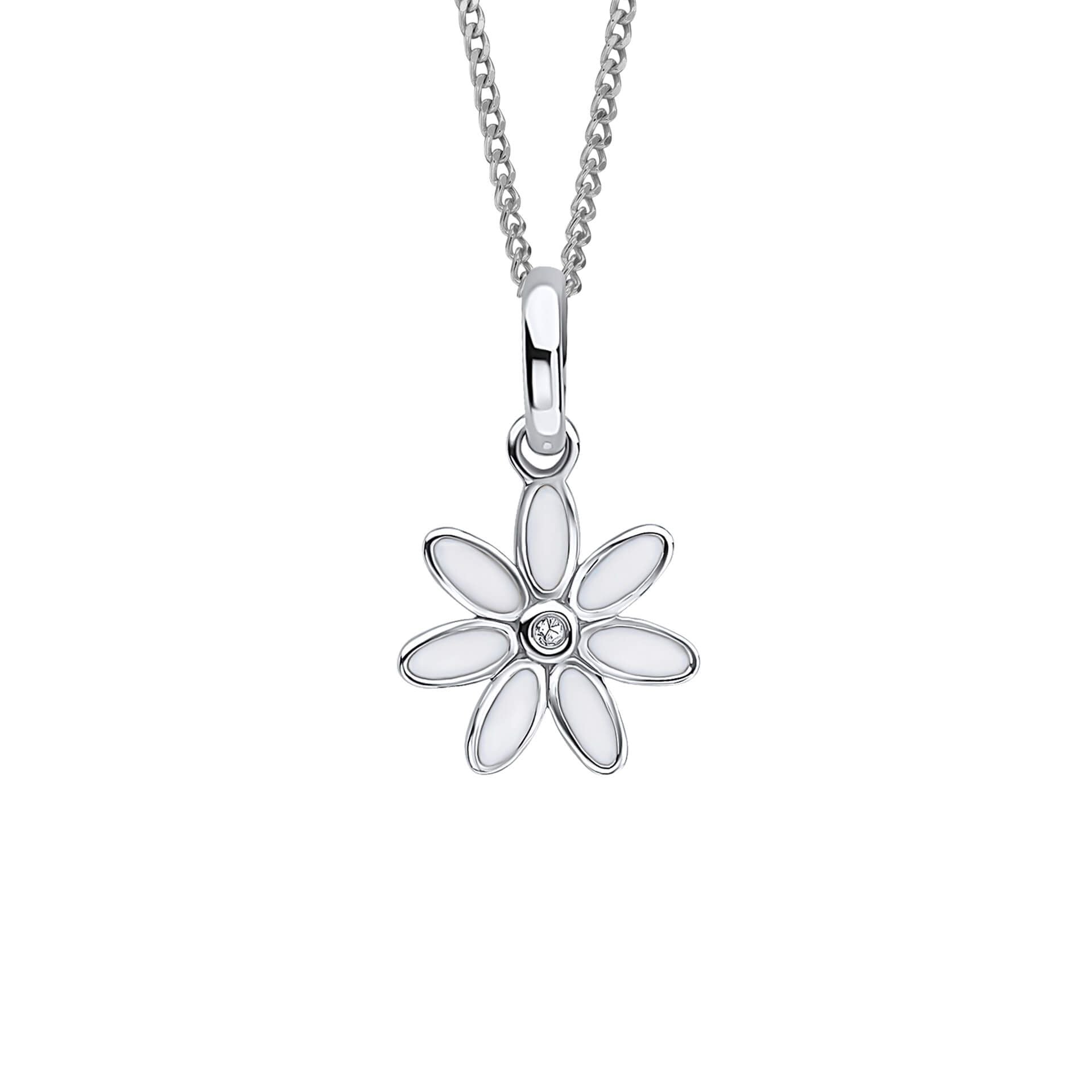 Diamond set enamel daisy pendant and chain in silver