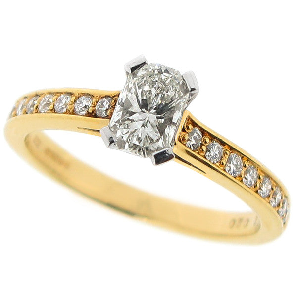 Phoenix cut diamond ring with diamond set shoulders in 18ct yellow gold, 0.72ct