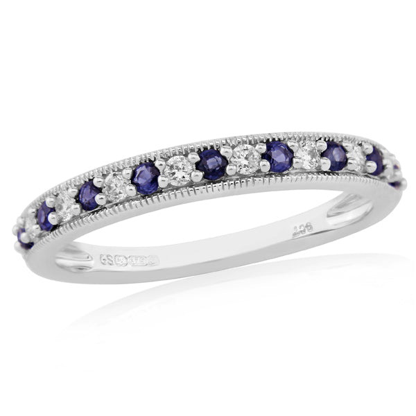 Sapphire and Diamond Grain Set Half Eternity Ring in 9ct White Gold