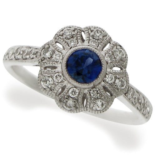 Ring - Sapphire &amp; Diamond floral cluster ring in 18ct white gold  - PA Jewellery