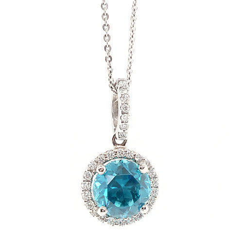 Blue zircon and diamond halo cluster pendant and chain in 18ct white gold