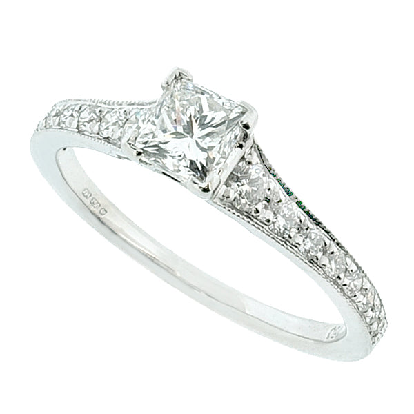 Princess Cut Diamond Solitaire with Diamond Set Shoulders in 18ct White Gold, 0.72ct