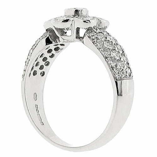 Diamond floral cluster ring with diamond set shoulders in 18ct white gold, 1.70ct