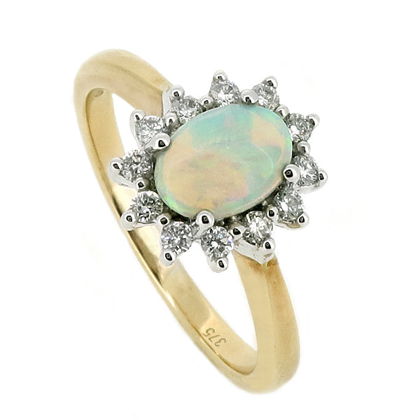 Opal and diamond cluster ring in 9ct gold