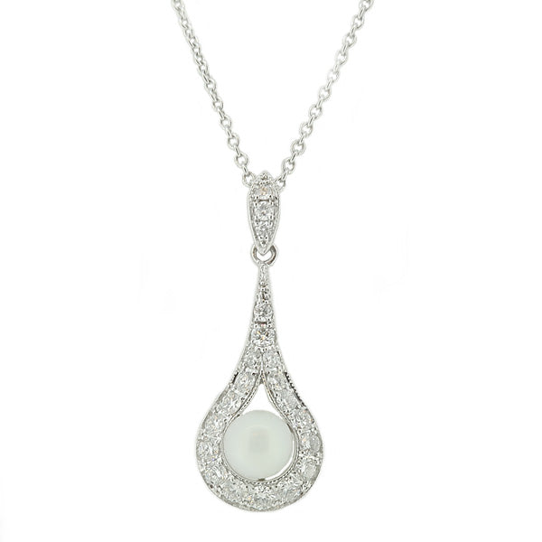 Cultured pearl and diamond pendant and chain in 18ct white gold