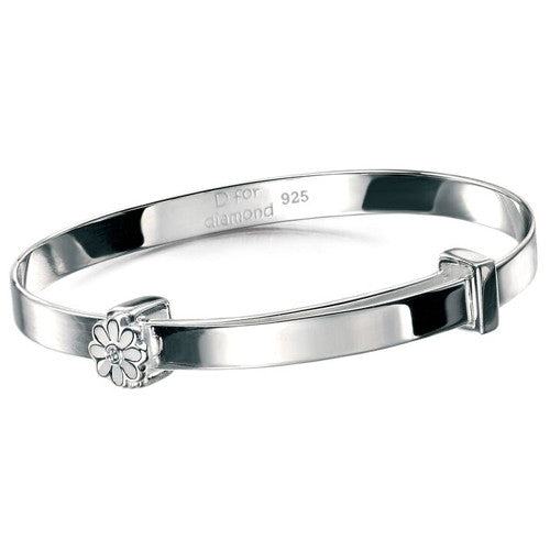 Diamond set flower expanding bangle in silver