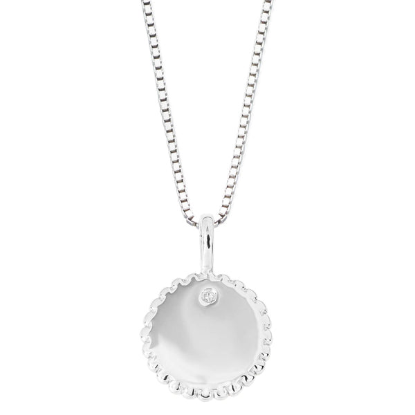 Diamond set disc pendant and chain in silver