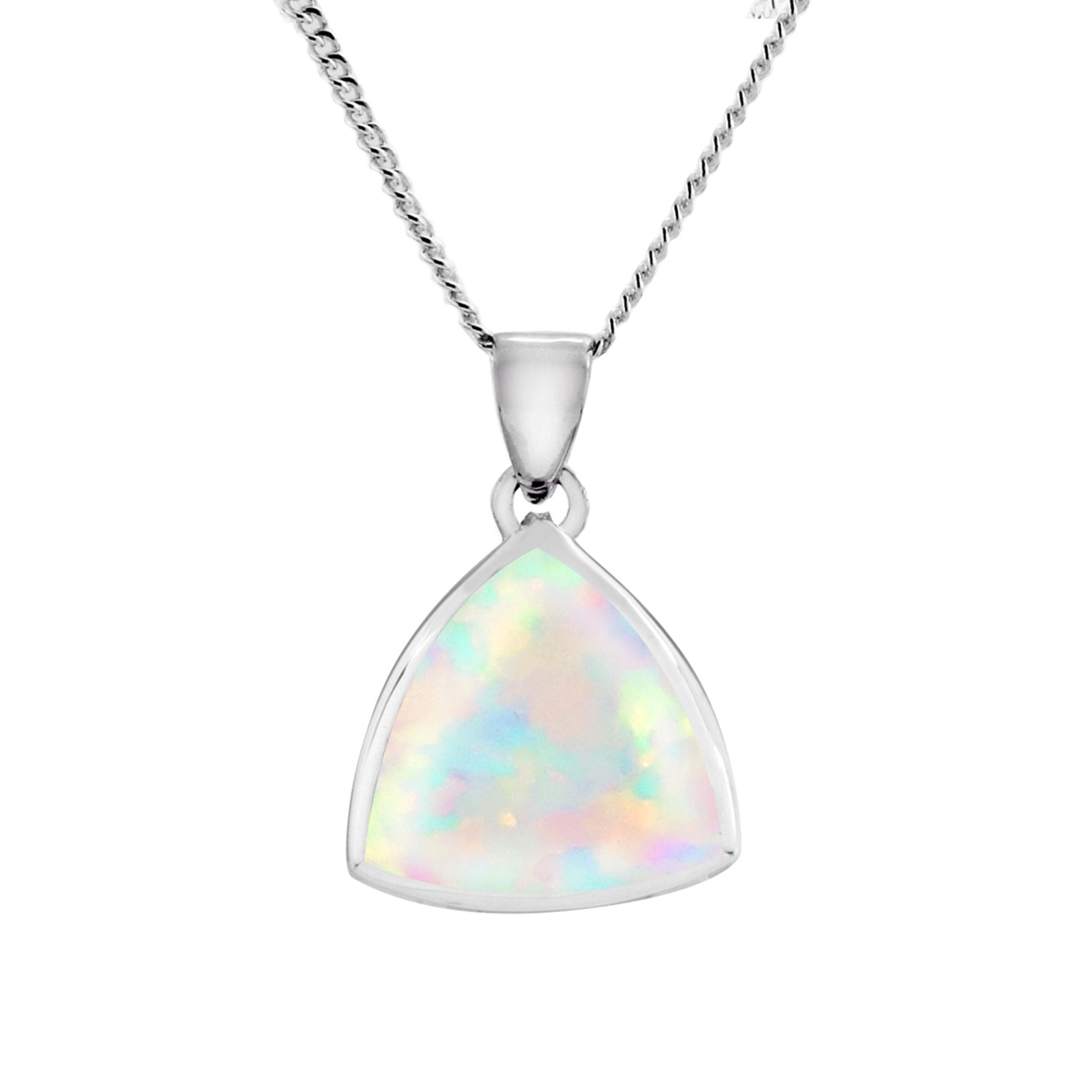 Simulated Opal Triangular Pendant and Chain in Silver