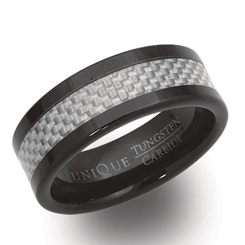 Carbon fibre inlay ring in tungsten carbide with black IP plating | Made For You