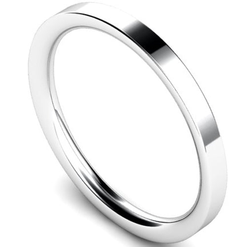 Flat court profile wedding ring in platinum, 2mm width