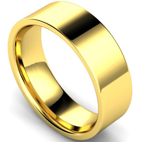 Edged flat court profile wedding ring in yellow gold | 7mm width