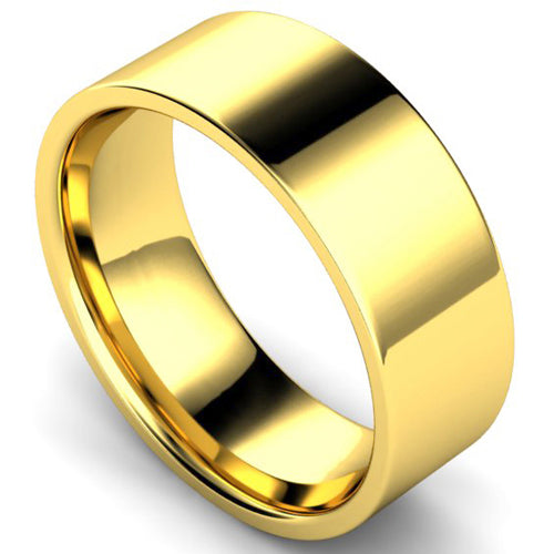 Edged flat court profile wedding ring in yellow gold | 8mm width