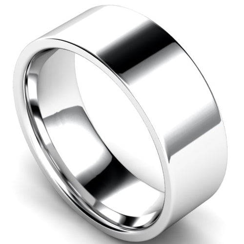 Edged flat court profile wedding ring in white gold | 8mm width