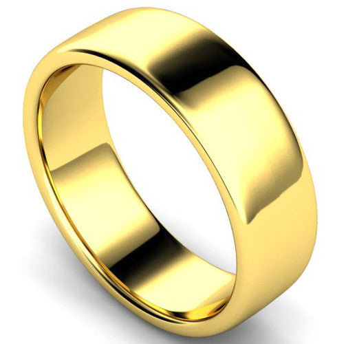 Edged slight court profile wedding ring in yellow gold | 7mm width