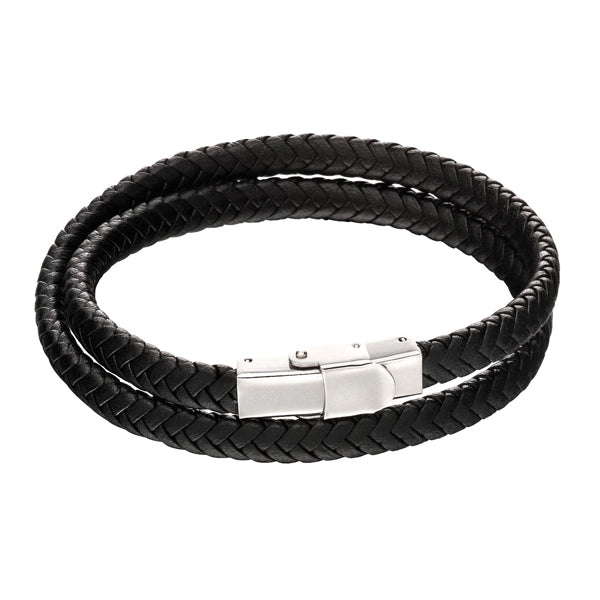 Black leather wraparound bracelet with steel clasp