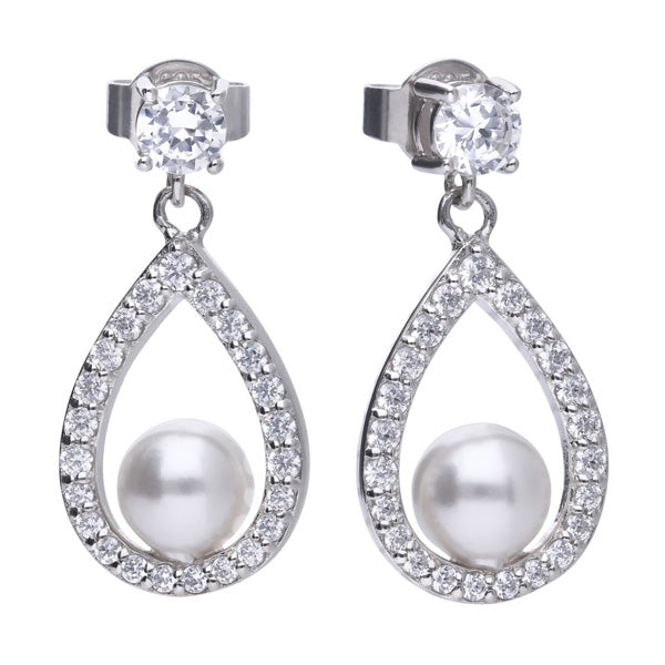 Simulated pearl and cubic zirconia drop earrings in silver