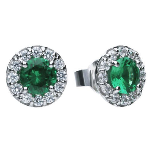 Green Cubic Circonia Halo Stud Earrings in Silver