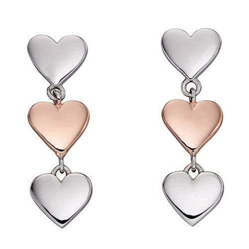 Fiorelli Triple Heart Drop Earrings in Silver with Rose Gold Plating