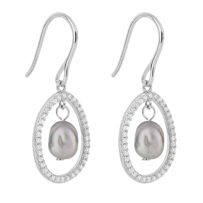 Keshi pearl and cubic zirconia drop earrings in silver