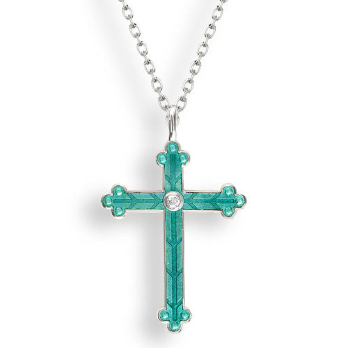 White Sapphire and Enamel Cross Pendant and Chain in Silver