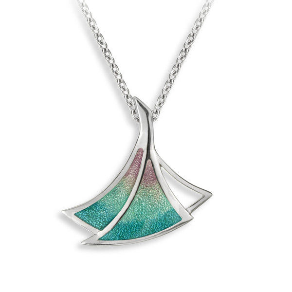 Purple-Green Fan-Shaped Pendant and Chain in Silver