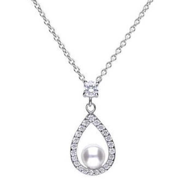 Simulated Pearl and Cubic Zirconia Drop Pendant and Chain in Silver