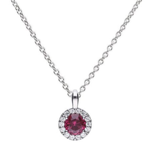 Red cubic zirconia halo cluster pendant and chain in silver