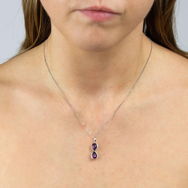 Purple Crystal Pear Shape Pendant and Chain in Silver