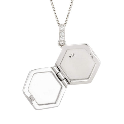 Hexagonal locket with cubic zirconia in silver