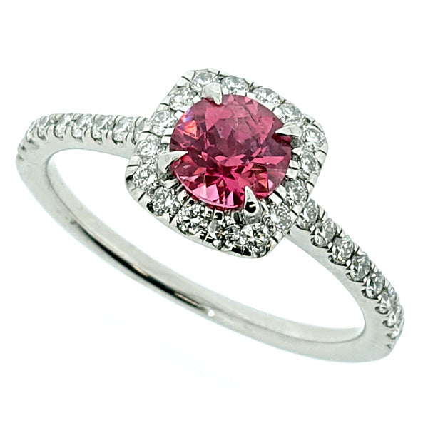 Pink Spinel and Diamond Halo Cluster Ring in Platinum